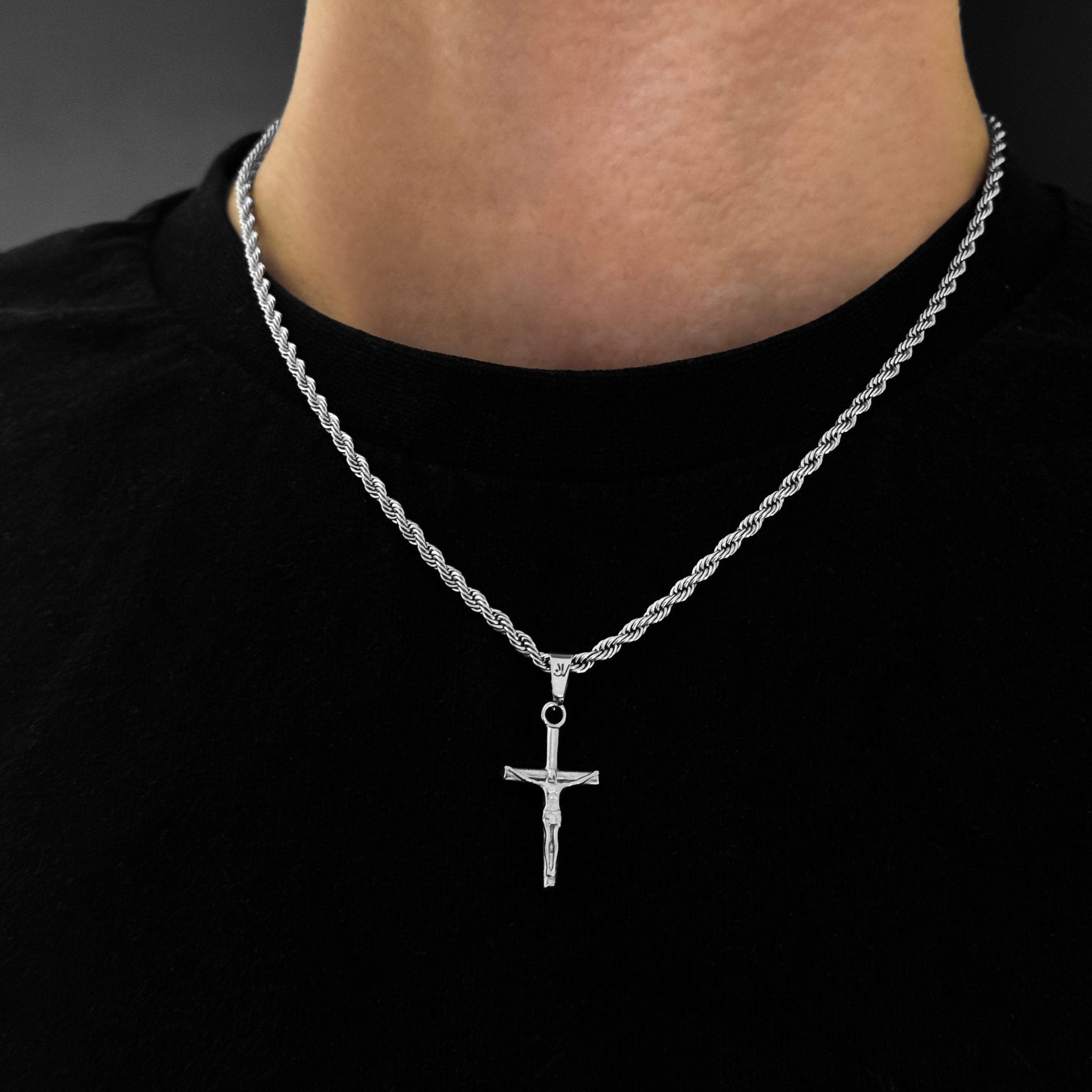 Jesus Cross Rope Kette - Silber (3mm) - Ketten mit Anhänger - 50cm / 20'' - JVillion®